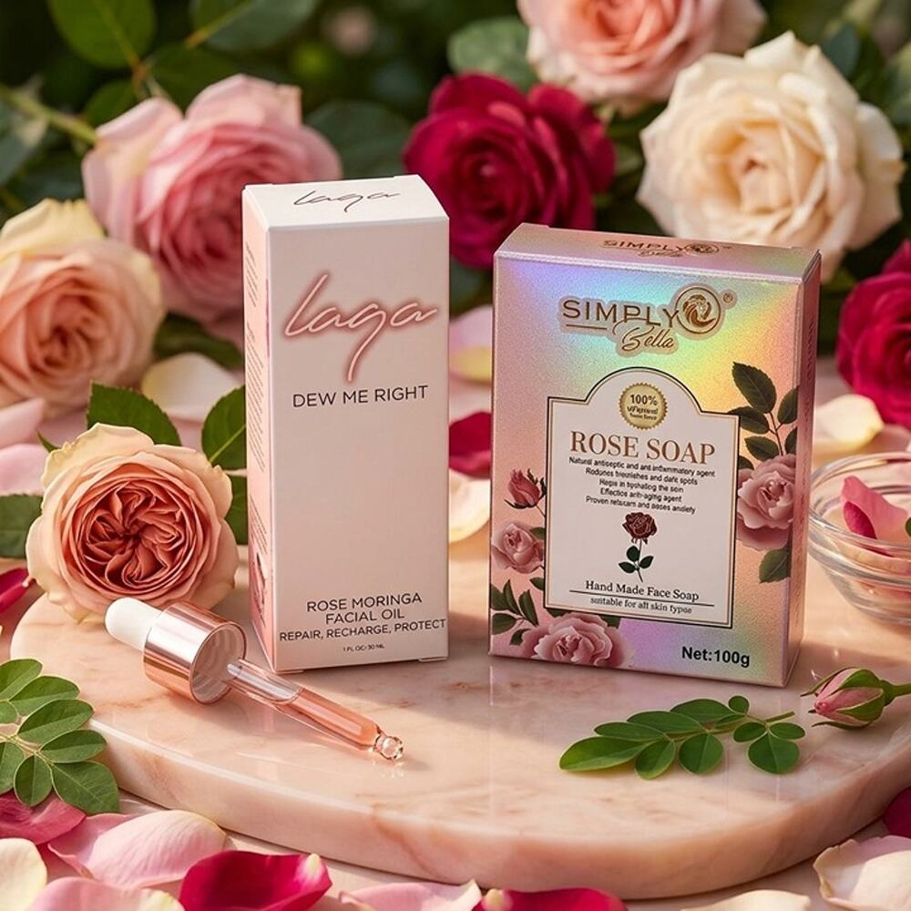 New Laga Rose Moringa Facial Oil & Simply Bella Rose Face Soap Skincare Bundle